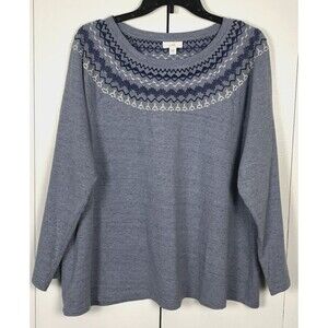 J Jill Embroidered Aztek Design Tunic Top Size XL Blue & White